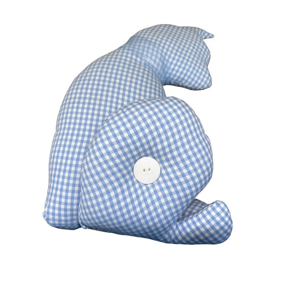 Handcrafted Stuffed Cat Pillow Baby Blue Gingham Fabric Neck Bow Button - Picture 2 of 6
